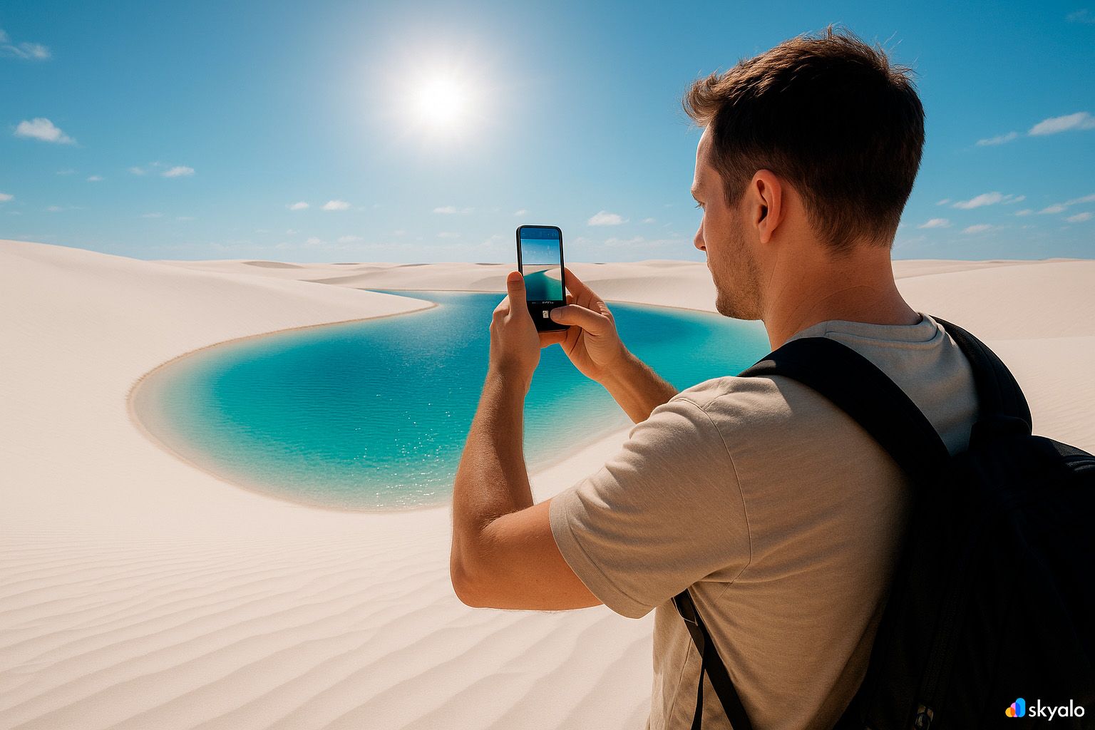 Tourist photographing the lagoons of Lençóis Maranhenses under the blazing sun and blue skies
