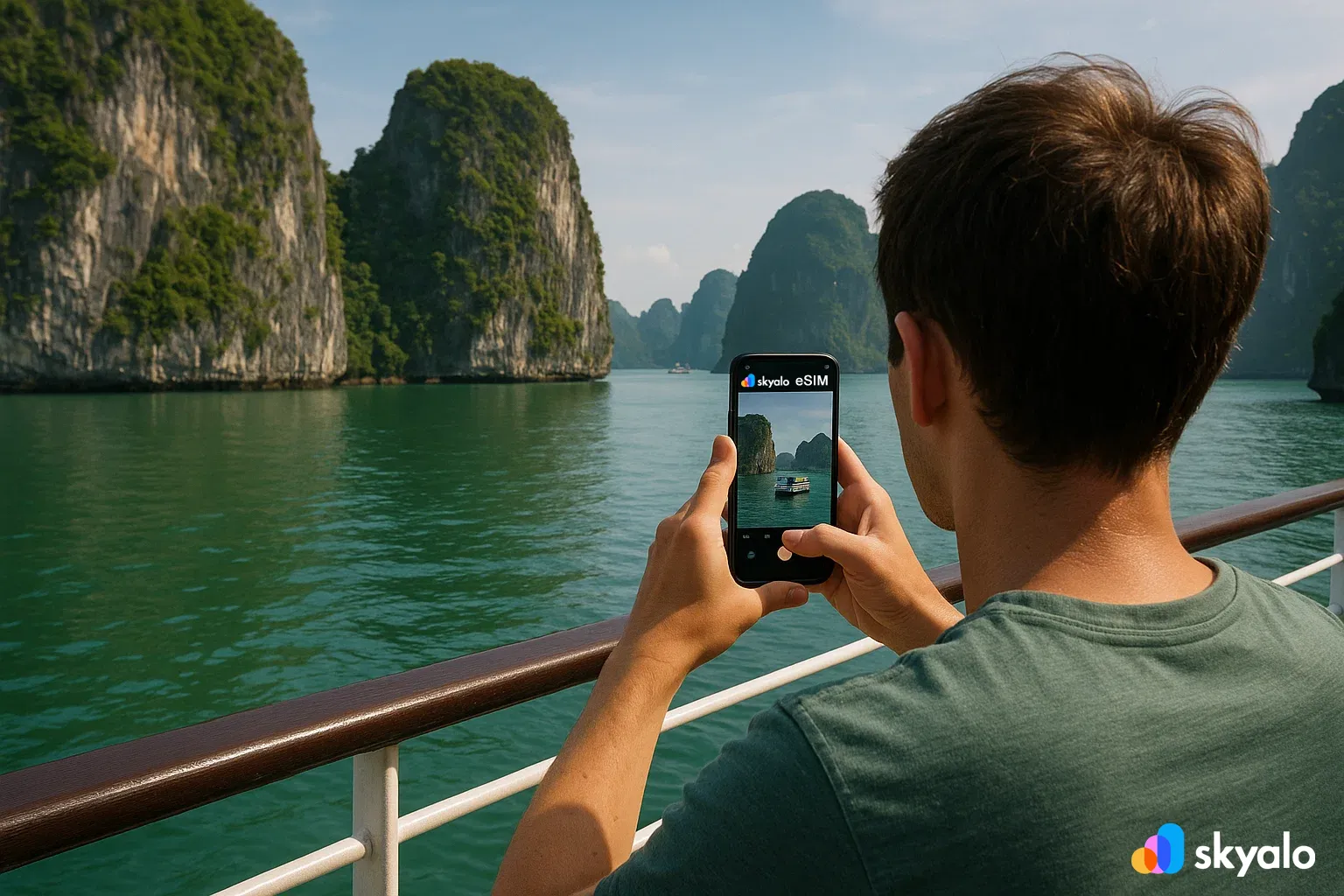 Limestone cliffs of Halong Bay, traveler on a boat using Skyalo eSIM to live stream breathtaking seascapes