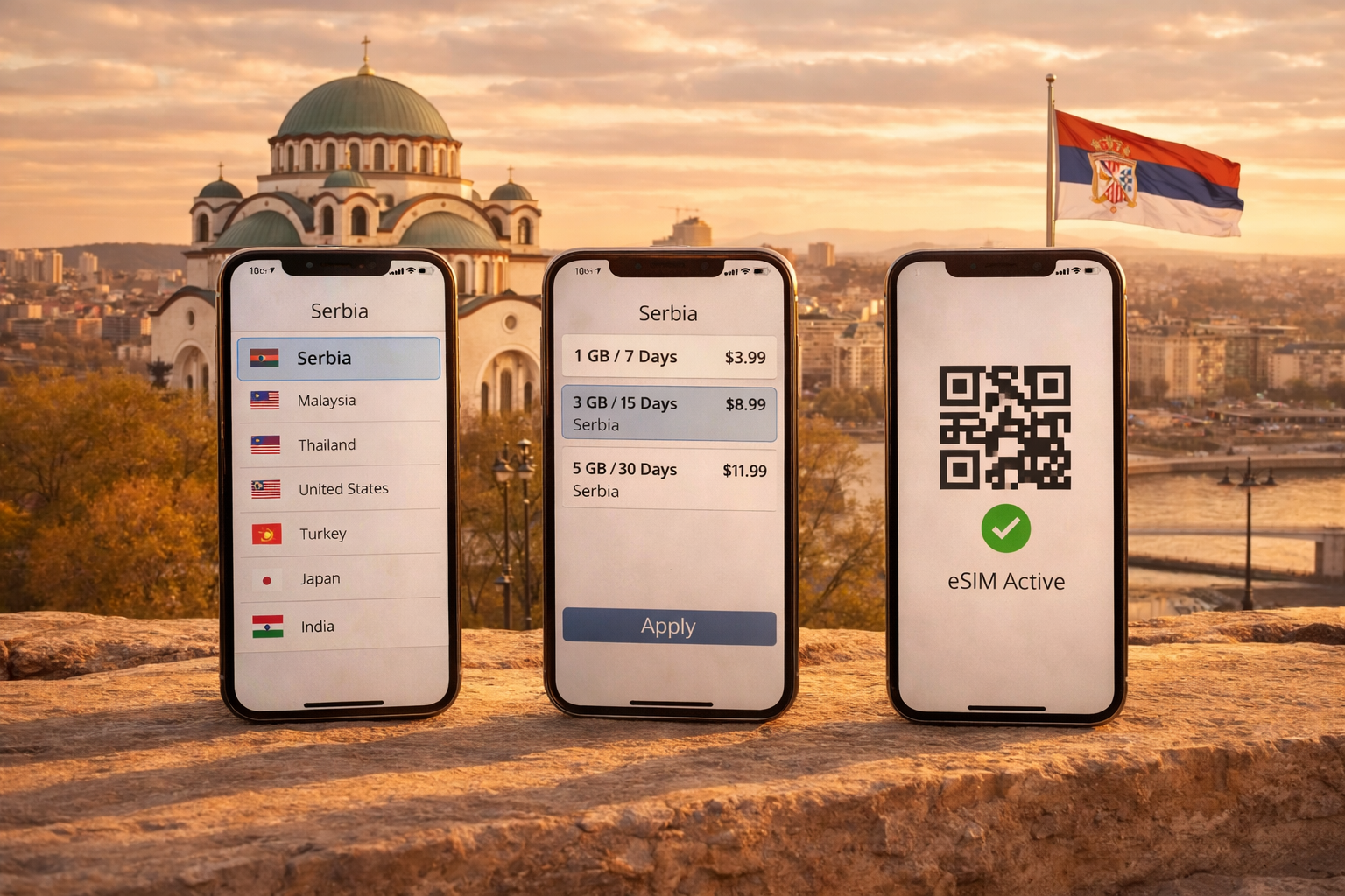 Smartphones showing a selection of eSIM plans for Serbia and an activation QR code with Saint Sava Temple in Belgrade in the background.
