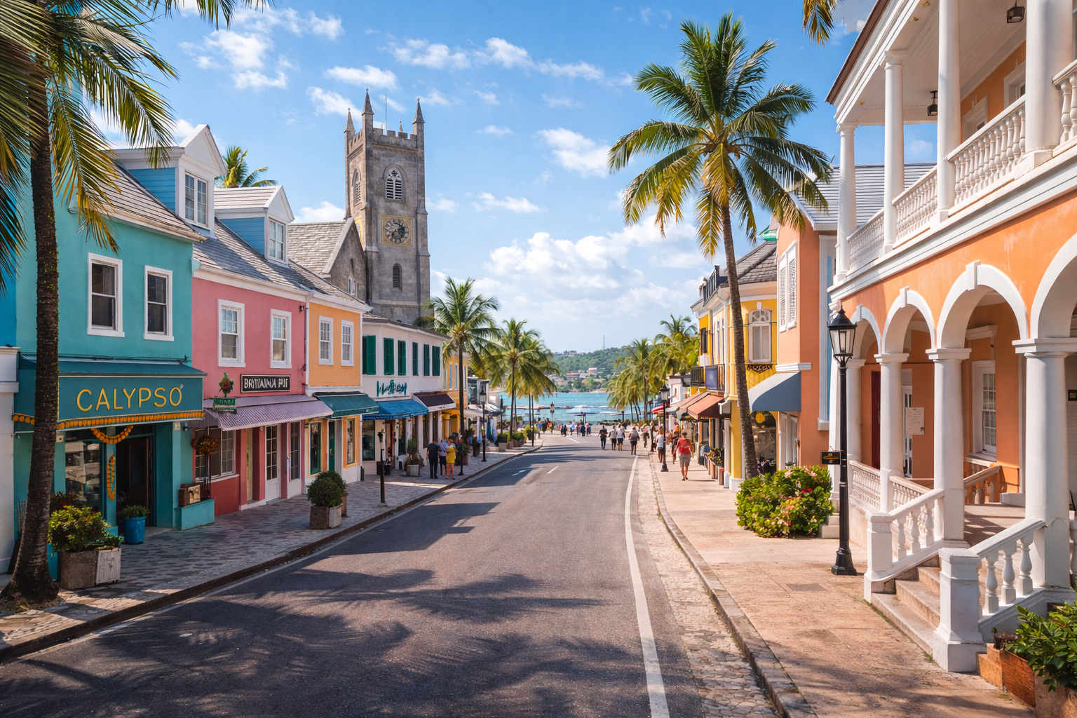 Edifici coloniali colorati nella città di Nassau.