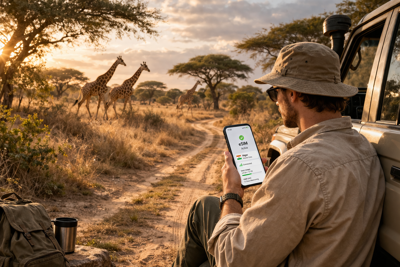 אזור הג'ירפות בקורה בניז'ר עם נוף סוואנה יבש, ג'ירפות ומטייל המשתמש ב-eSIM על הסמארטפון במהלך המסלול.