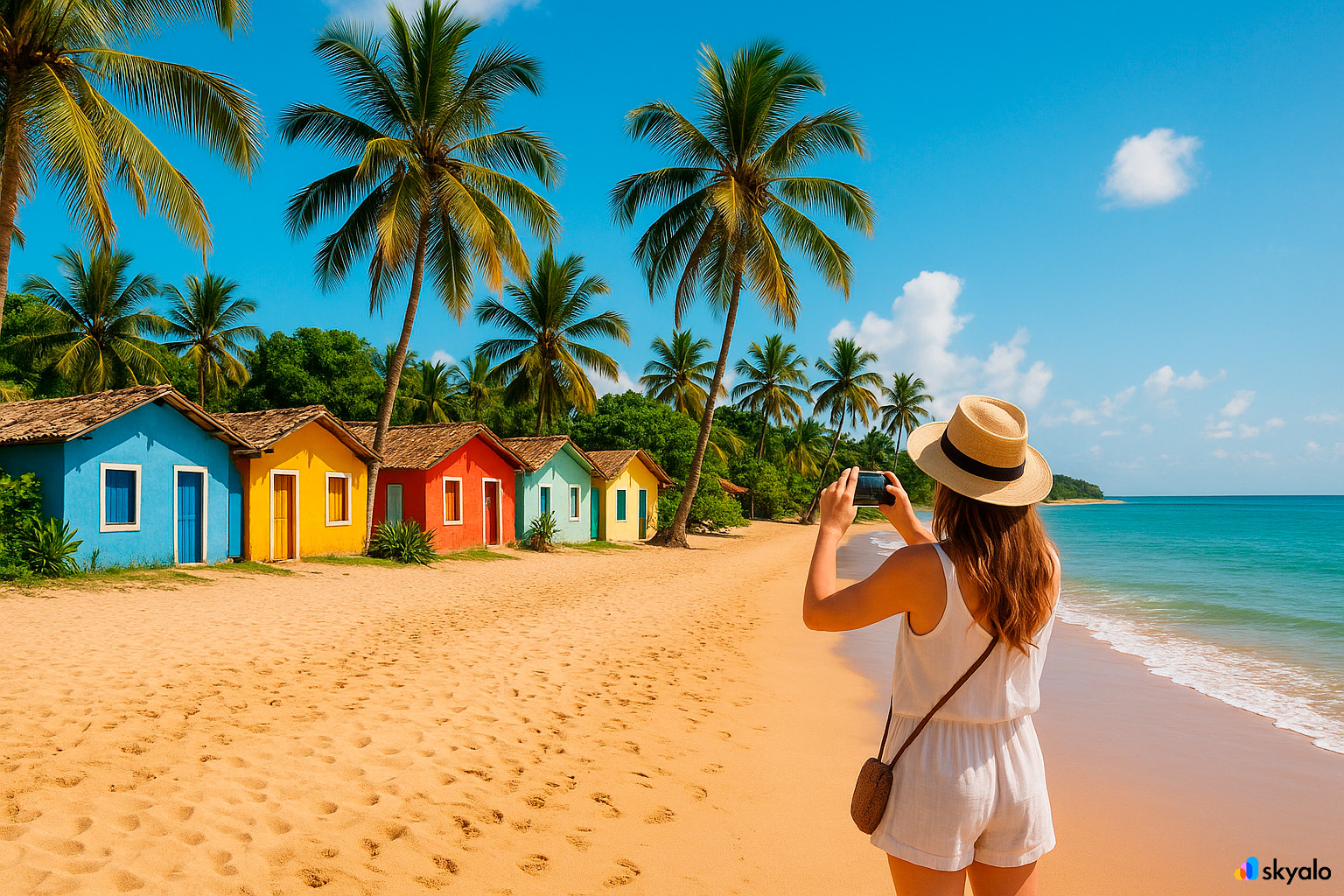 Tourist photographing Trancoso beach and colorful houses, palm trees and blue sea in the background