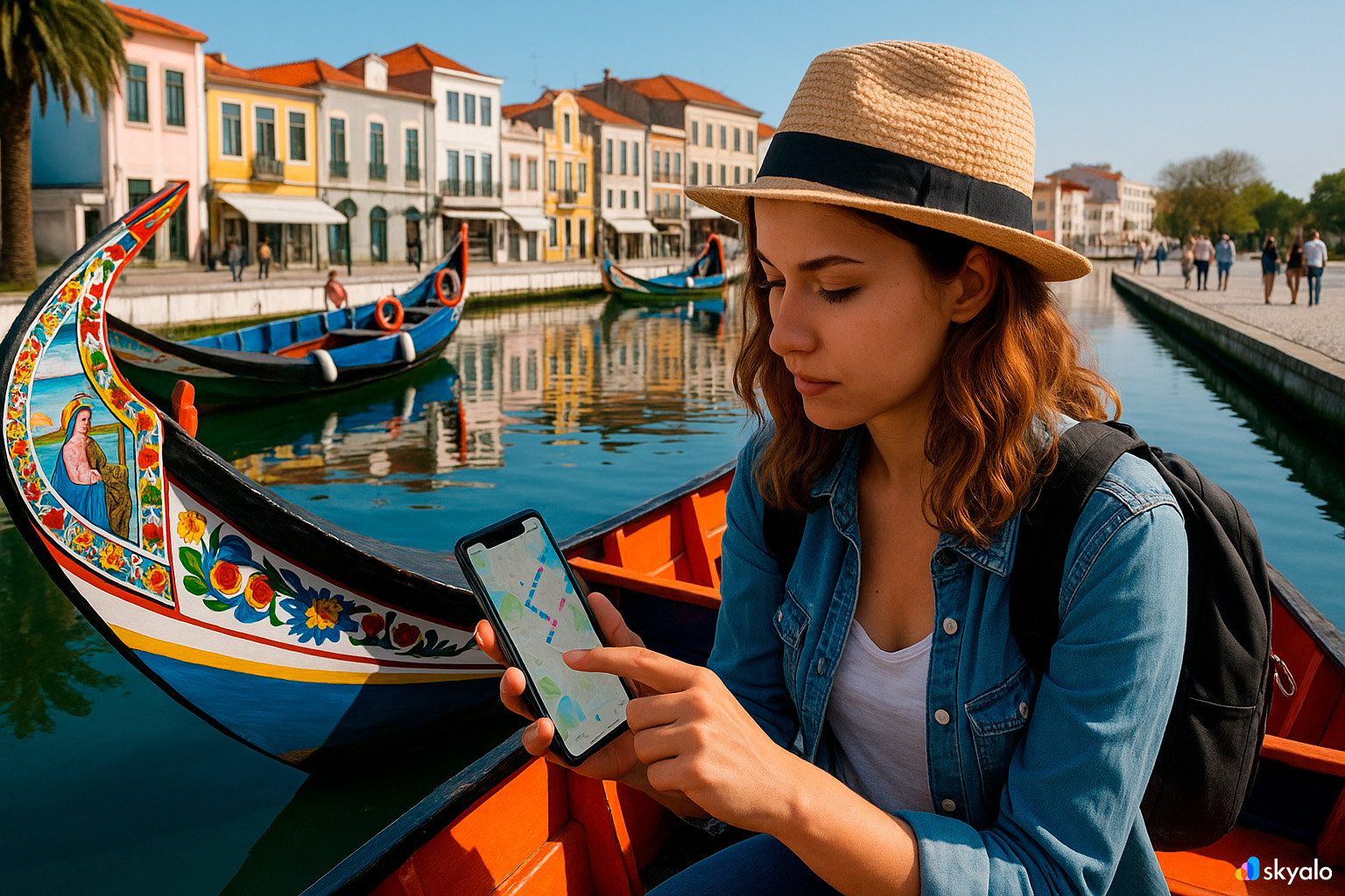 Traveler in a painted moliceiro in Aveiro checking the route on her phone; Art Nouveau façades and reflections