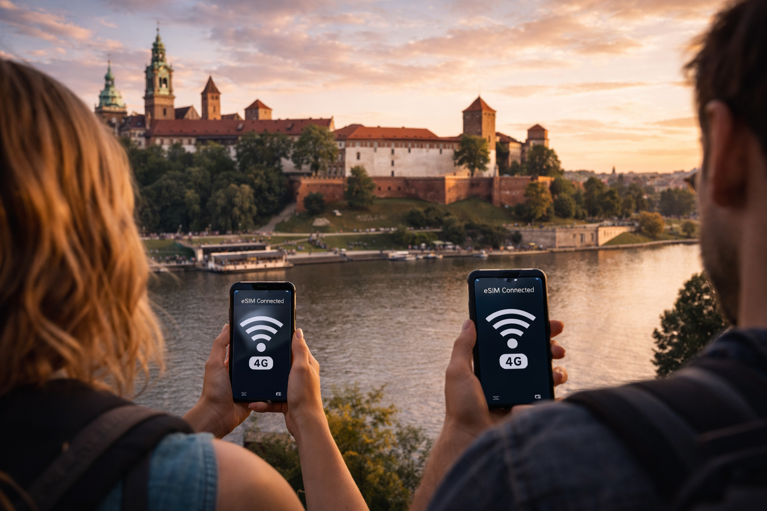 سياح عند قلعة فافل في كراكوف يستخدمون هواتف ذكية مع eSIM مفعّلة