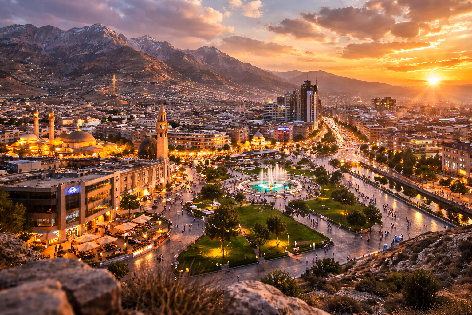 Ciudad de Sulaymaniyah en las montañas del Kurdistán con arquitectura moderna y entorno natural
