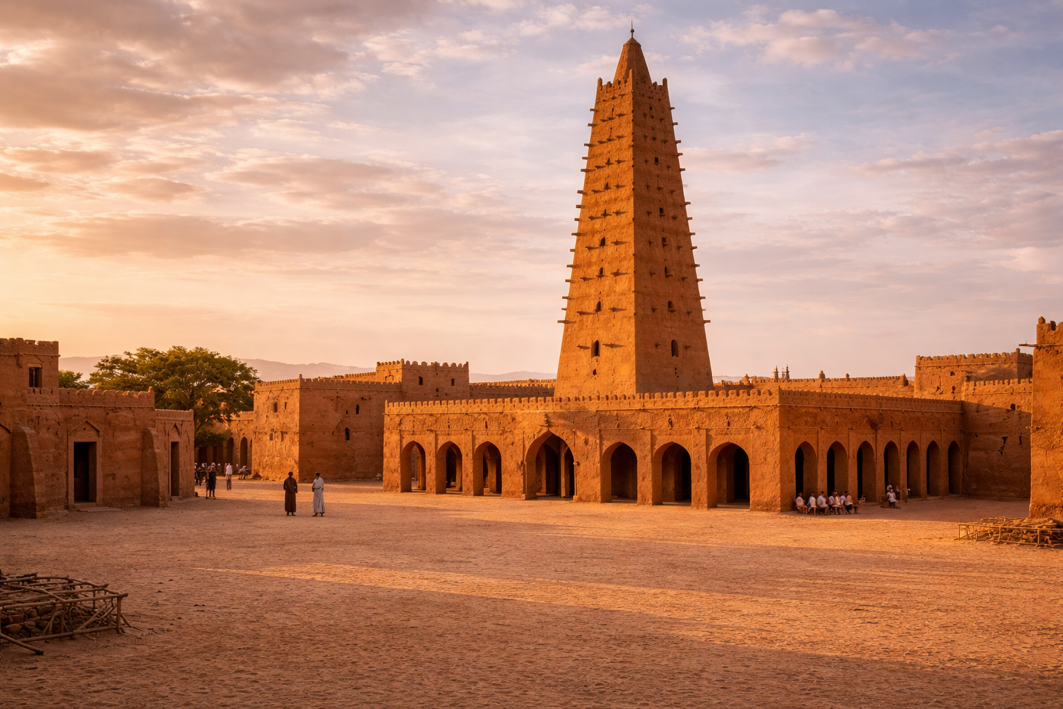 המסגד הגדול של אגאדס עם מינרט גבוה מלבני בוץ, אור מדברי חם וסביבה עירונית היסטורית.