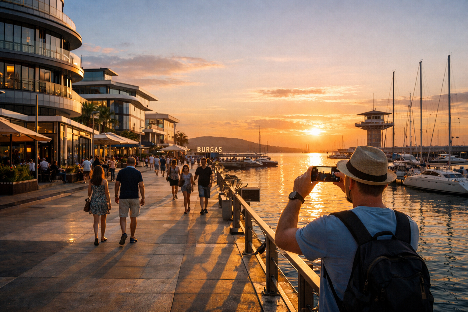 Burgas promenade on the Black Sea and tourists with eSIM internet