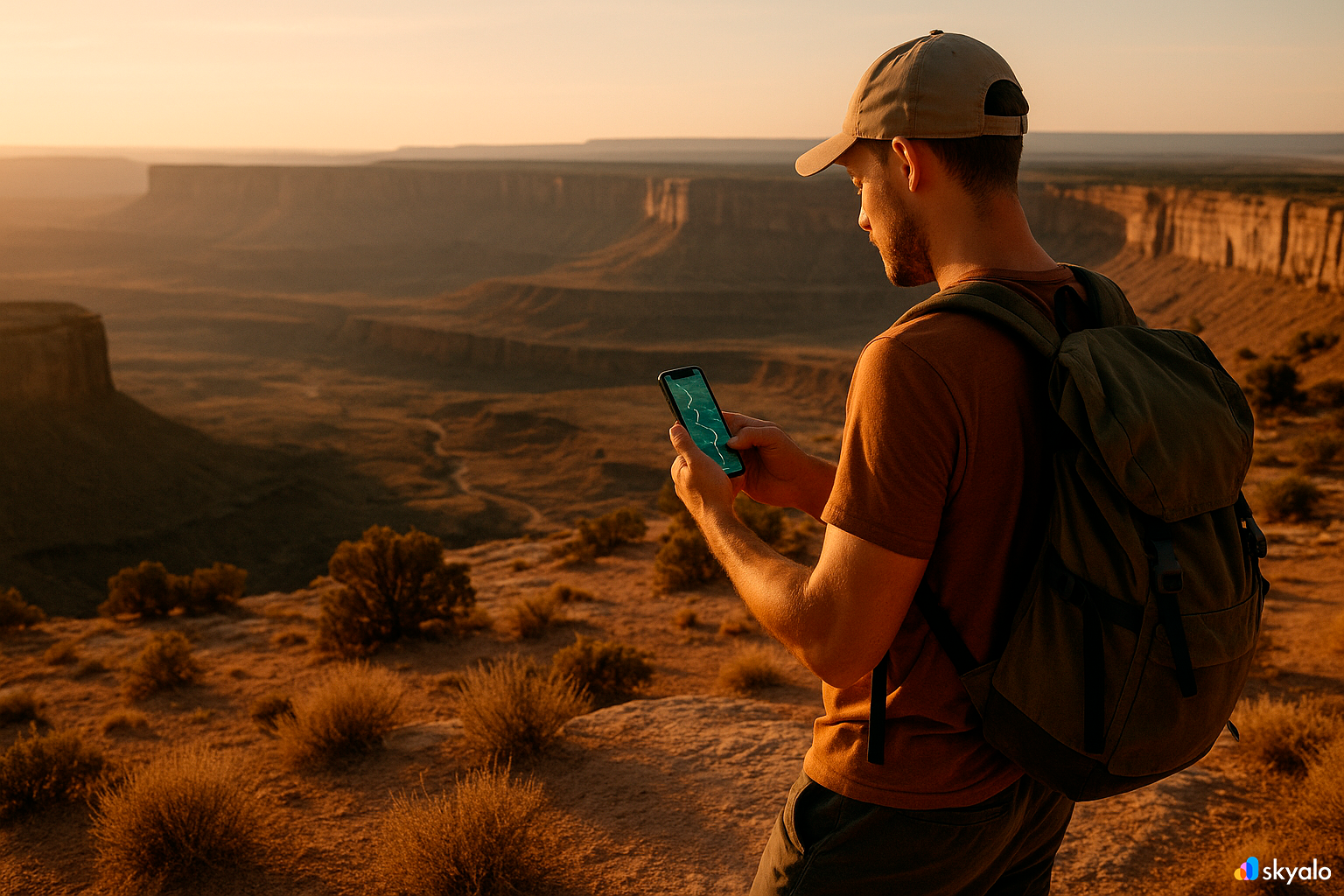 Hiker in the Grampians checks a GPS track on phone; warm light and long mountain shadows