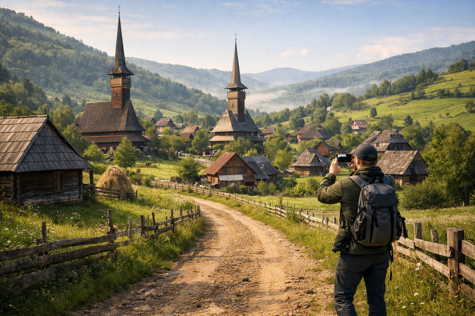 A Maramureș village with a traditional wooden church.