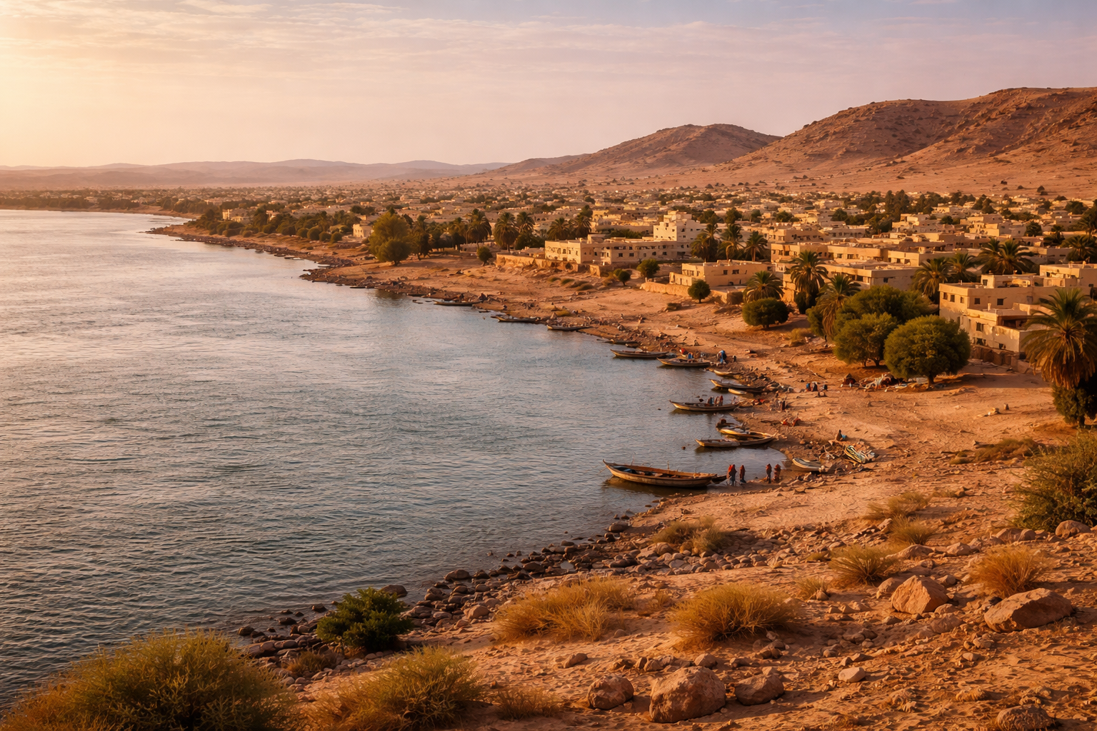 ואדי ח׳לפה בצפון סודן עם קו נהר רחב של הנילוס, נוף יבש ואווירה של עיר צפונית מרוחקת.