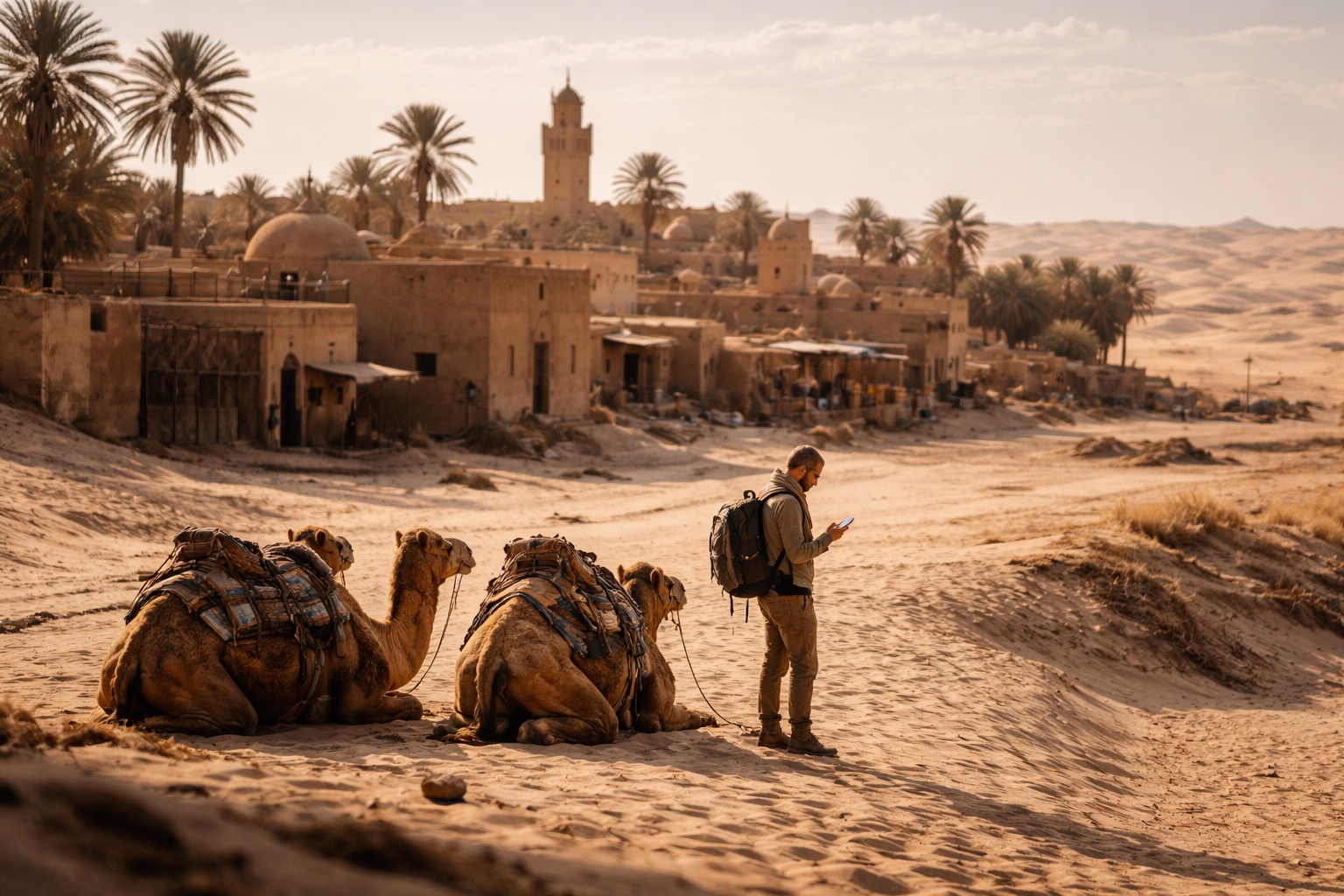 Byen Douz ved ørkenen med kameler og turist med smarttelefon