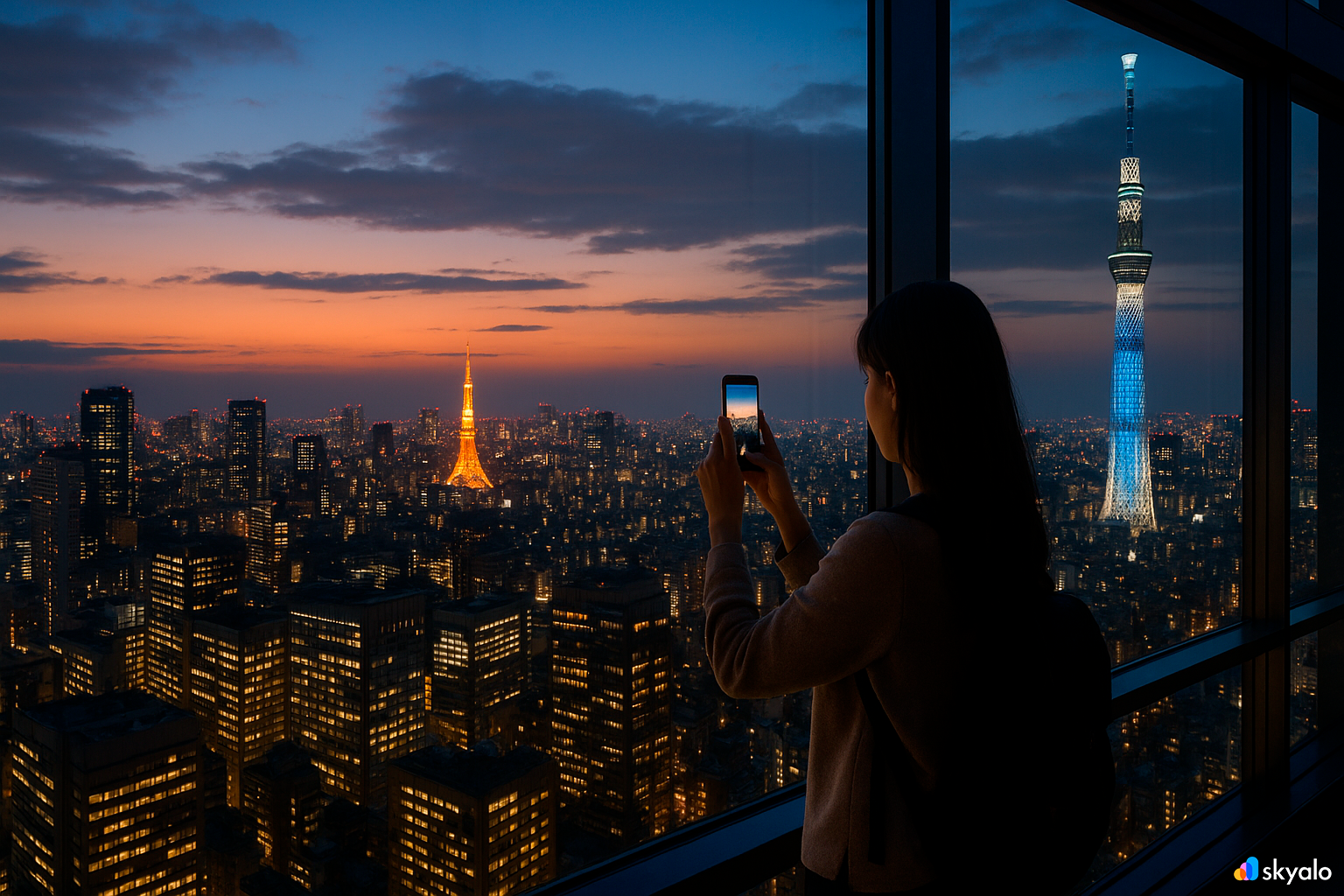 Traveler photographing Tokyo’s skyline at sunset; Skytree glowing as city lights switch on