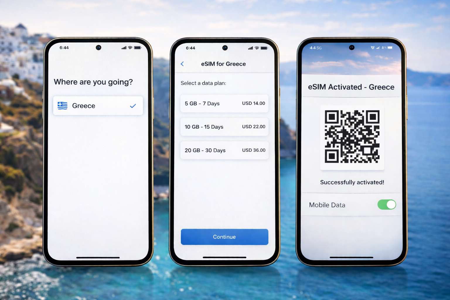 Three smartphones showing step-by-step eSIM setup for Greece—country selection, plan, and QR-code activation