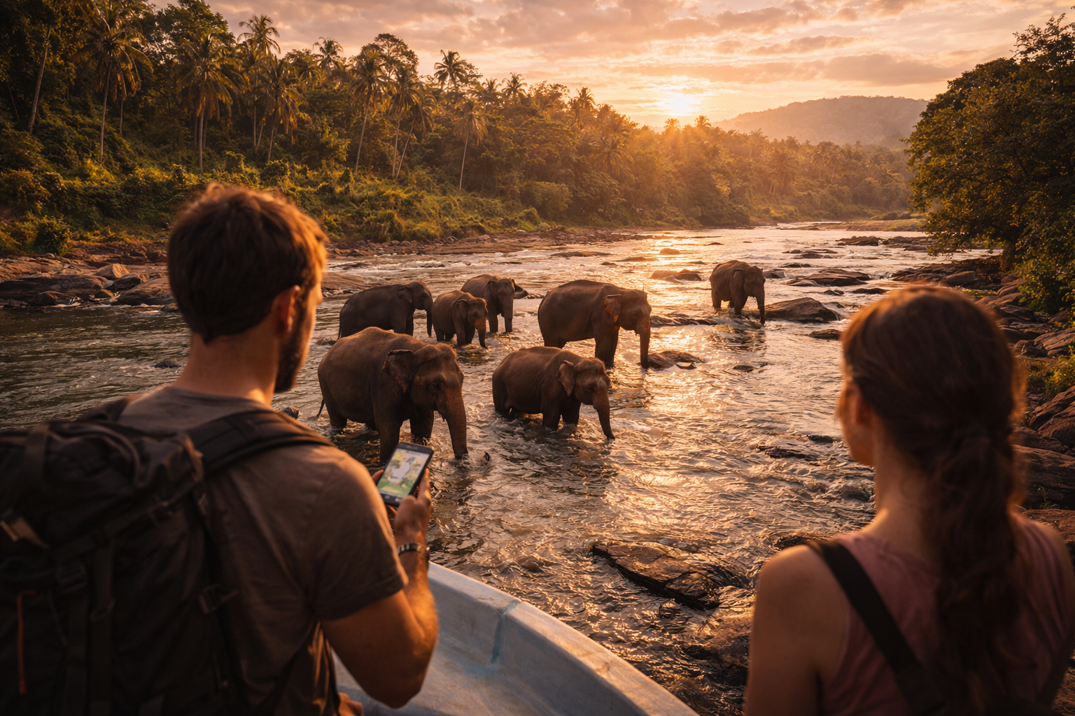 A herd of Asian elephants at the Pinnawala orphanage in Sri Lanka.