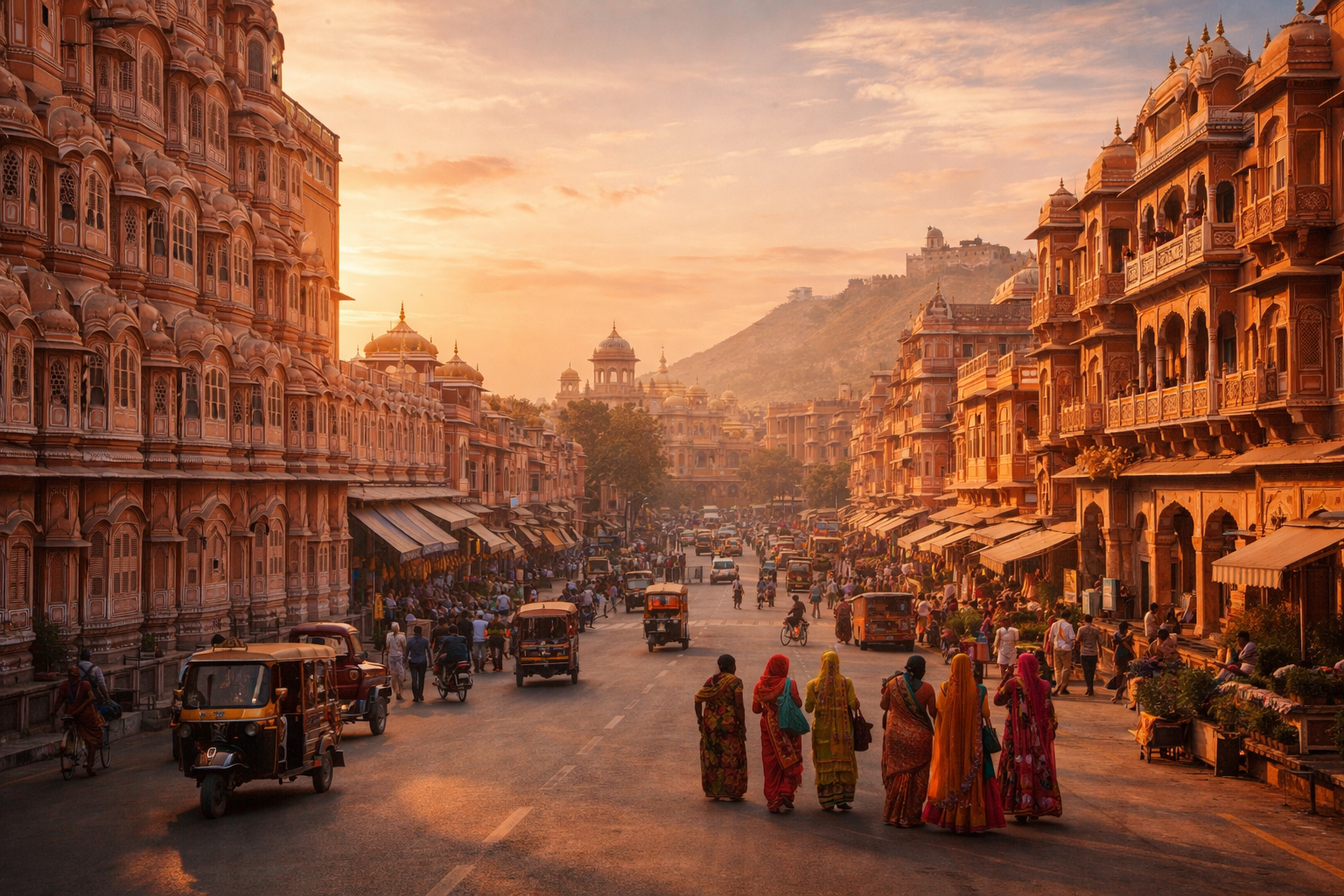 جے پور کا رنگین شہری منظر، گلابی عمارتیں، محل نما فنِ تعمیر، گرم شام کی روشنی اور راجستھان کی بھرپور فضا۔