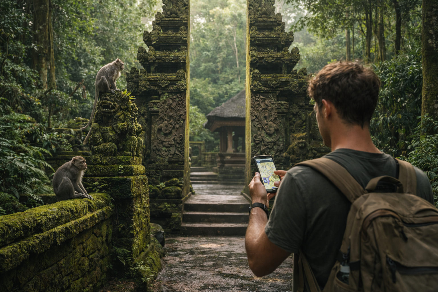 Ubud Monkey Forest and a traveler using navigation on a smartphone