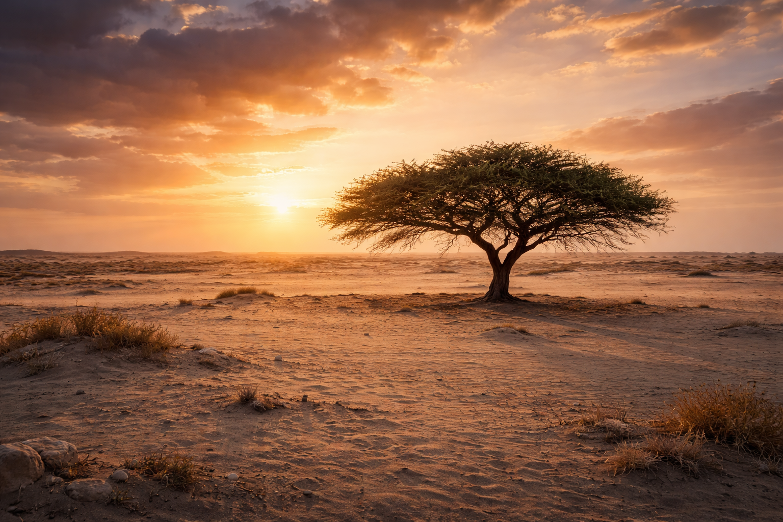 עץ בודד במדבר של בחריין על רקע נוף חולי
