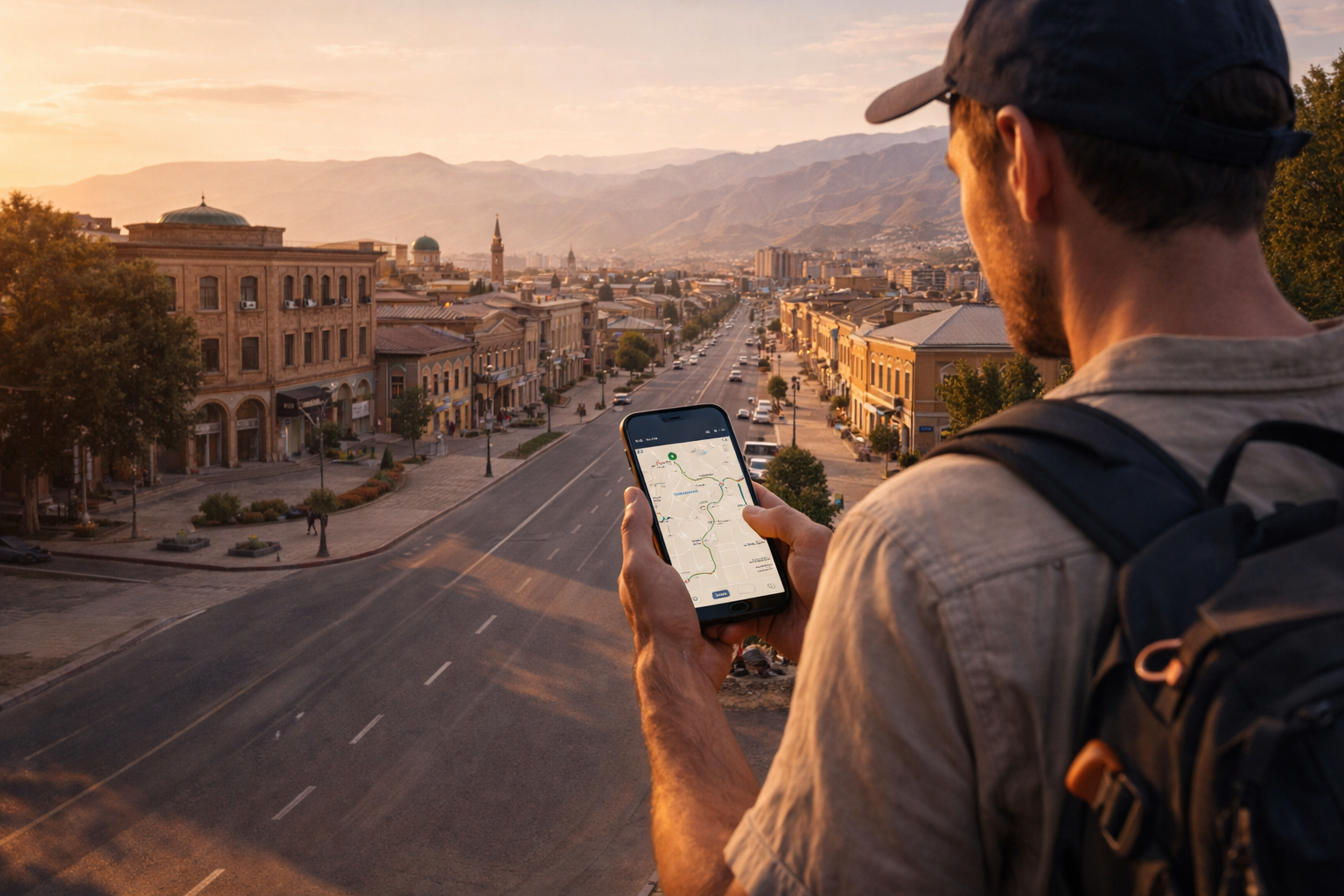 פנג'יקנט בטג'יקיסטן עם אדריכלות עירונית חמה, רקע הררי רך ומטייל המשתמש ב-eSIM בטלפון בשביל המסלול.