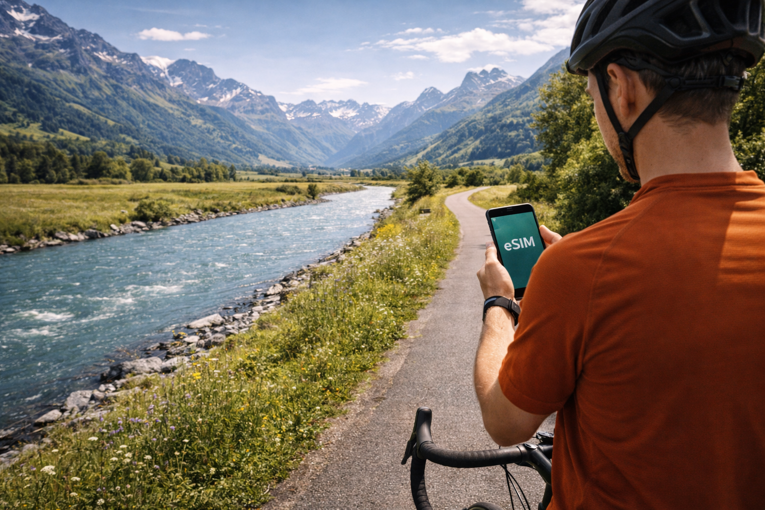 A cycling route with a traveler on a bicycle and a smartphone with eSIM against a backdrop of mountains and valley
