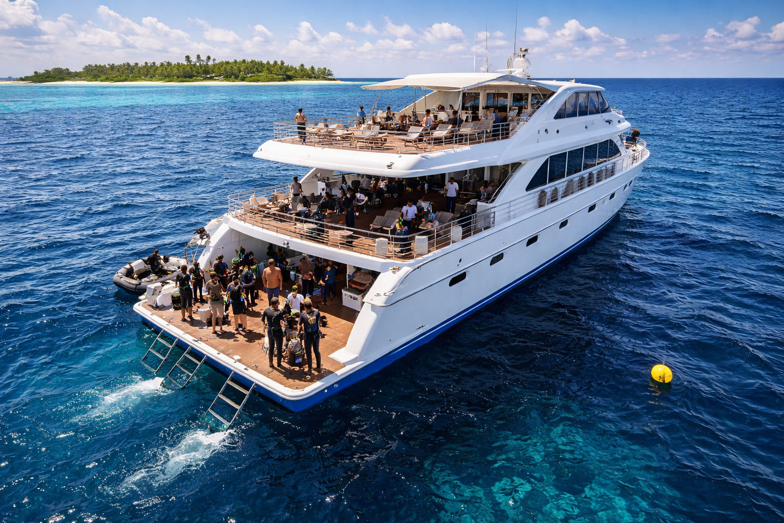 A liveaboard vessel with divers on deck