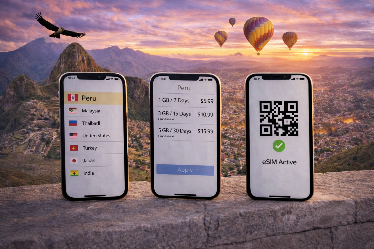 Aktywacja eSIM do Peru na smartfonie z wyborem pakietów internetu mobilnego na tle Andów i Machu Picchu