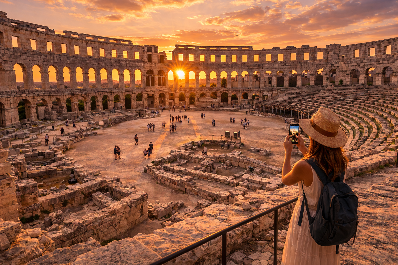 I turisti vicino all’anfiteatro di Pola usano uno smartphone con Internet eSIM