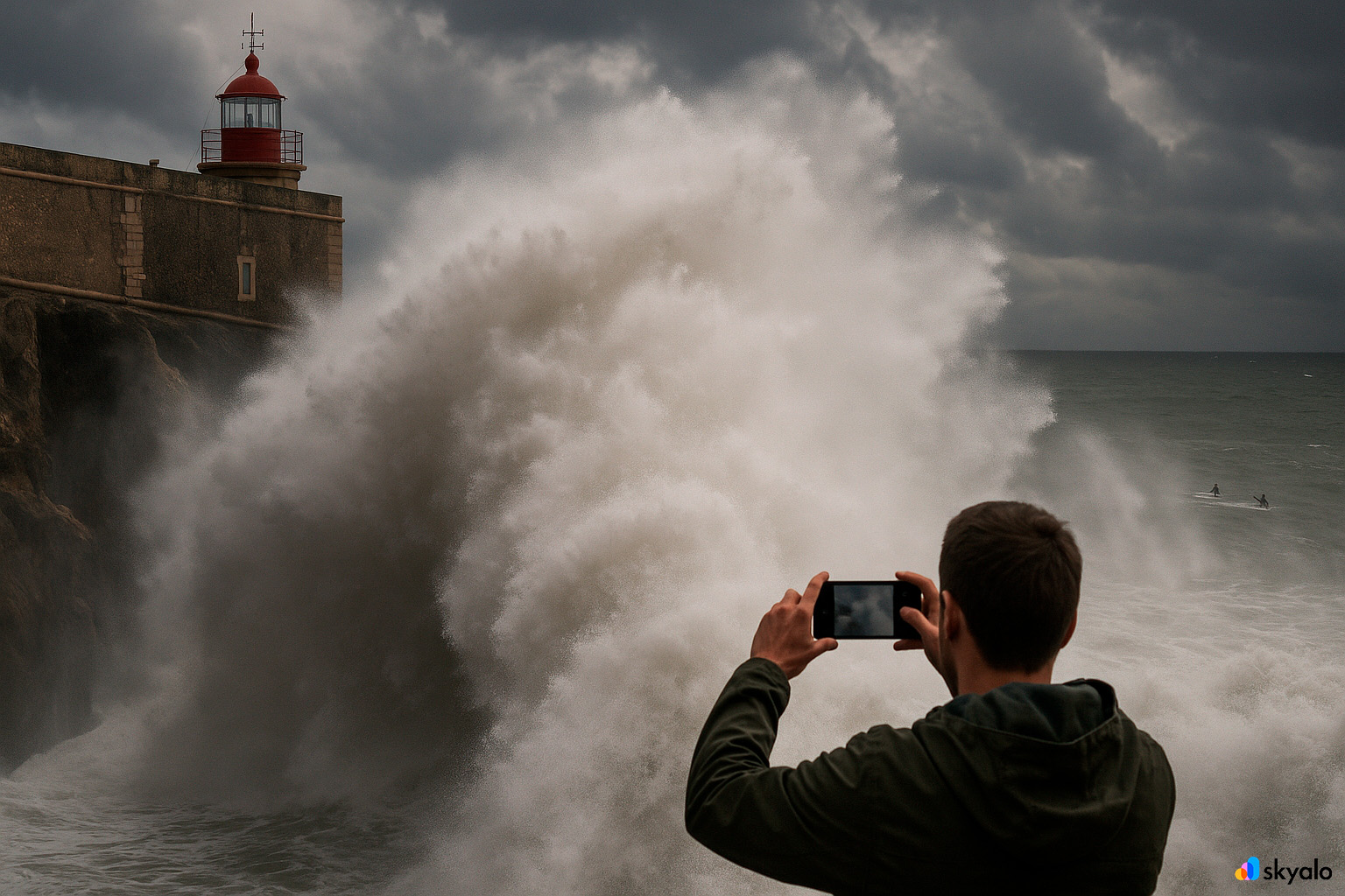 Towering waves at Nazaré’s lighthouse; salty mist and spray against the cliff, dramatic clouds, a traveler taking photos
