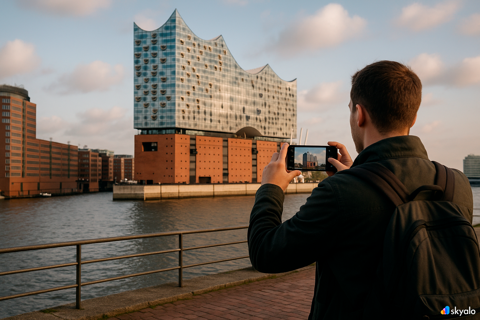 Elbphilharmonie concert hall on the waterfront; a tourist photographs the building's glass wave on a phone