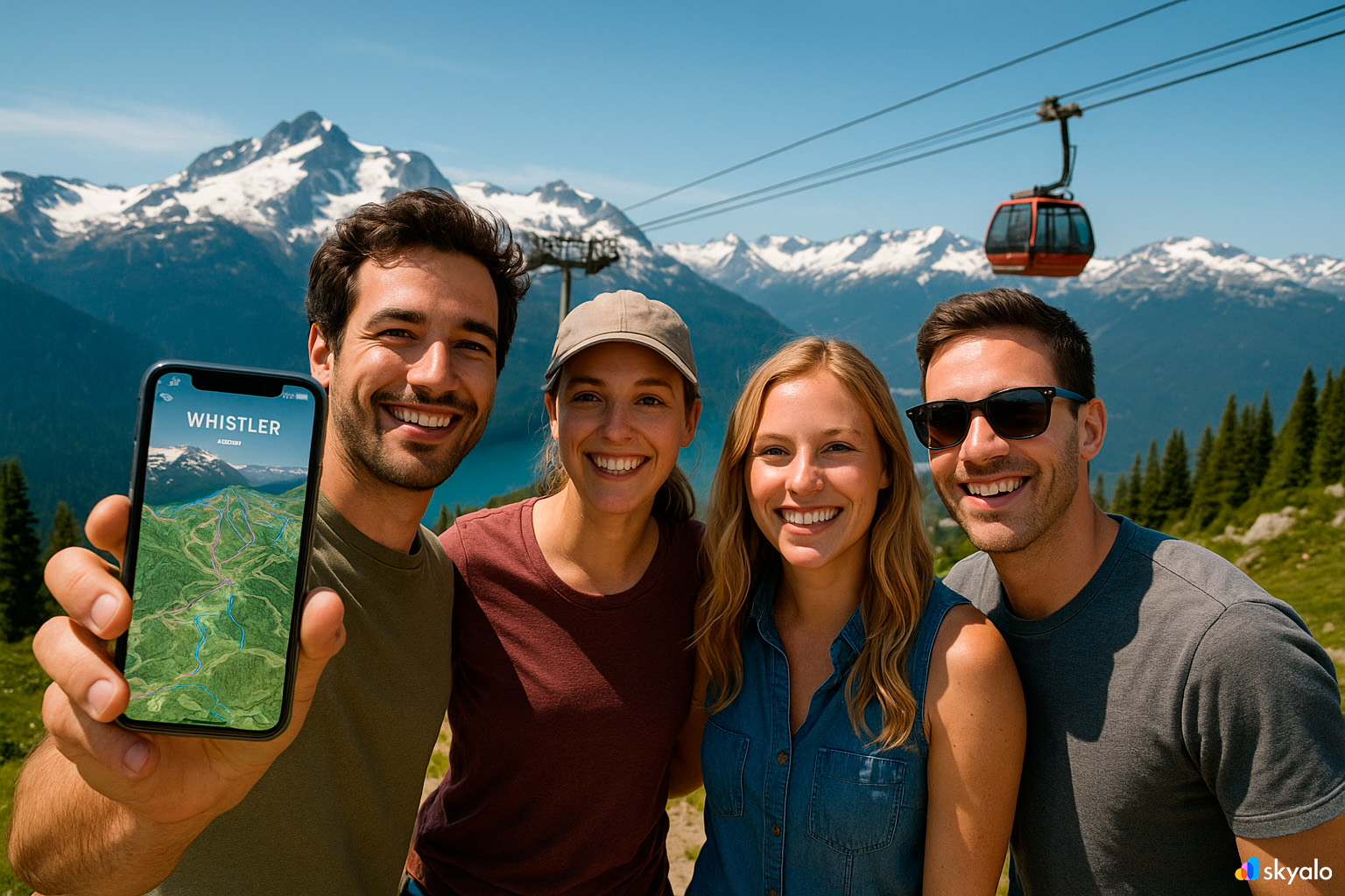 Group of friends on Peak2Peak gondola; always online with eSIM by Skyalo, alpine ridges under blue skies