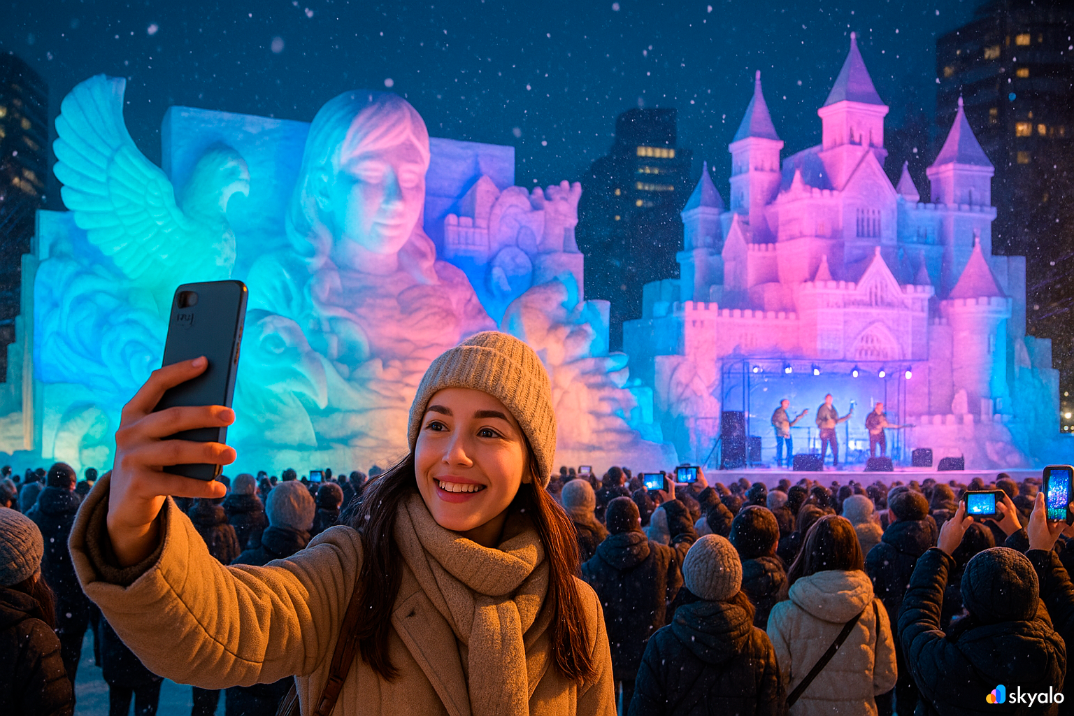 Snow sculptures at the Sapporo Festival; girl taking a selfie on her smartphone