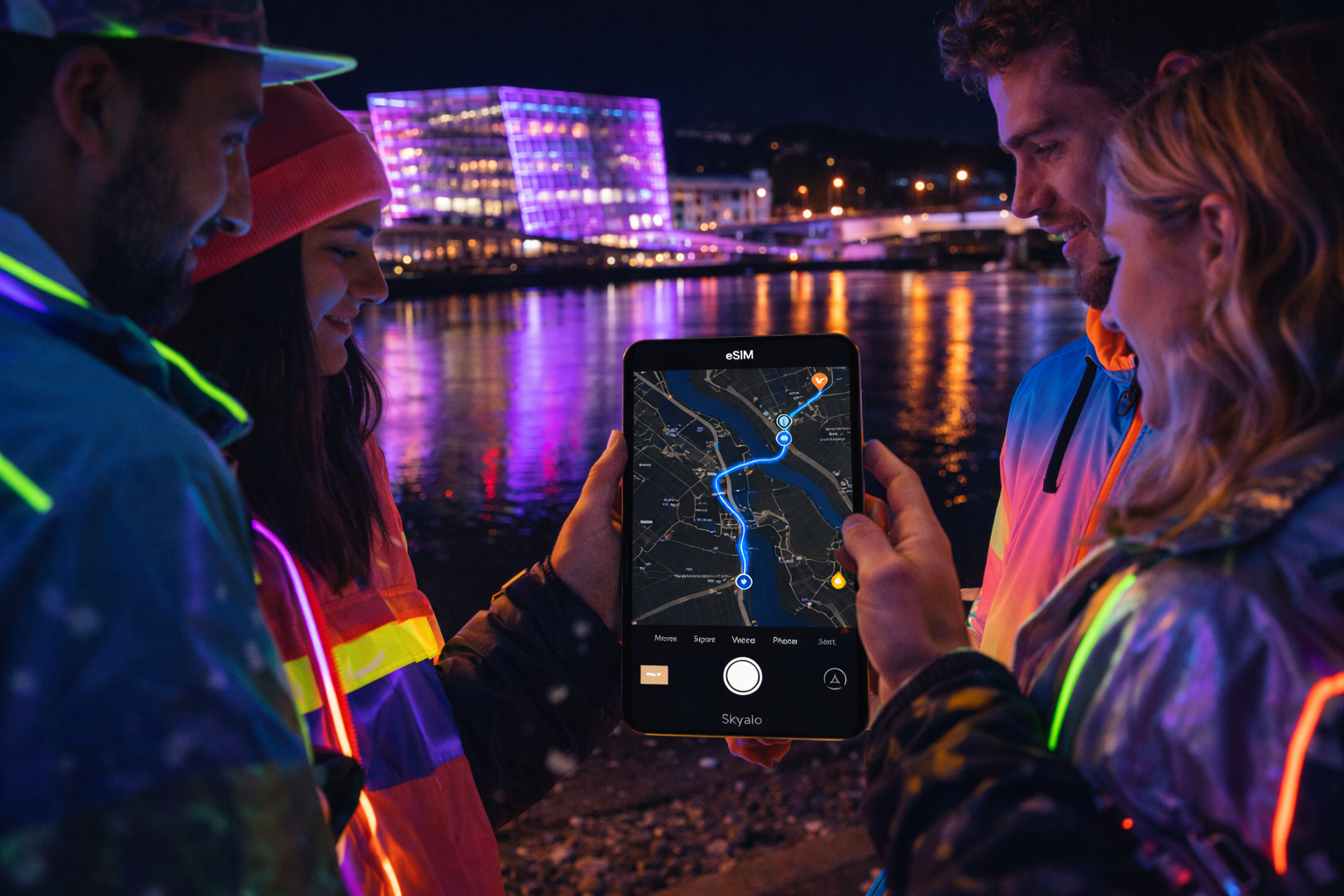 Night navigation in Linz via a smartphone with an eSIM for traveling in Austria