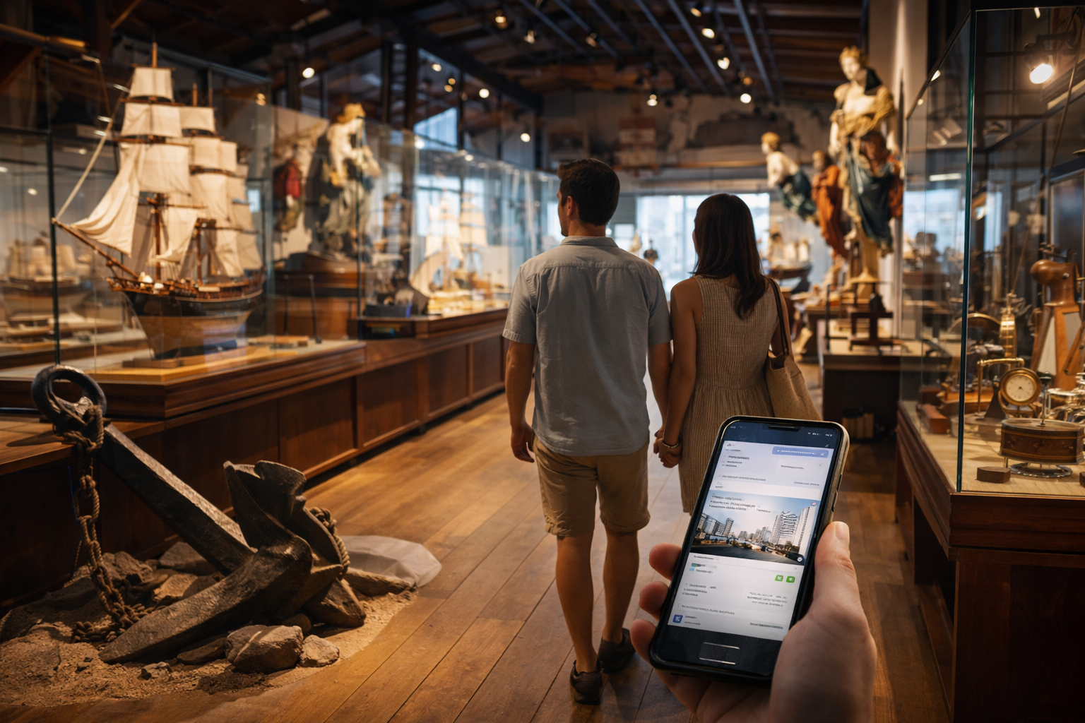 Interior of the Åland Maritime Museum in Mariehamn with ship models, anchors, and nautical instruments; visitors use an eSIM-enabled smartphone