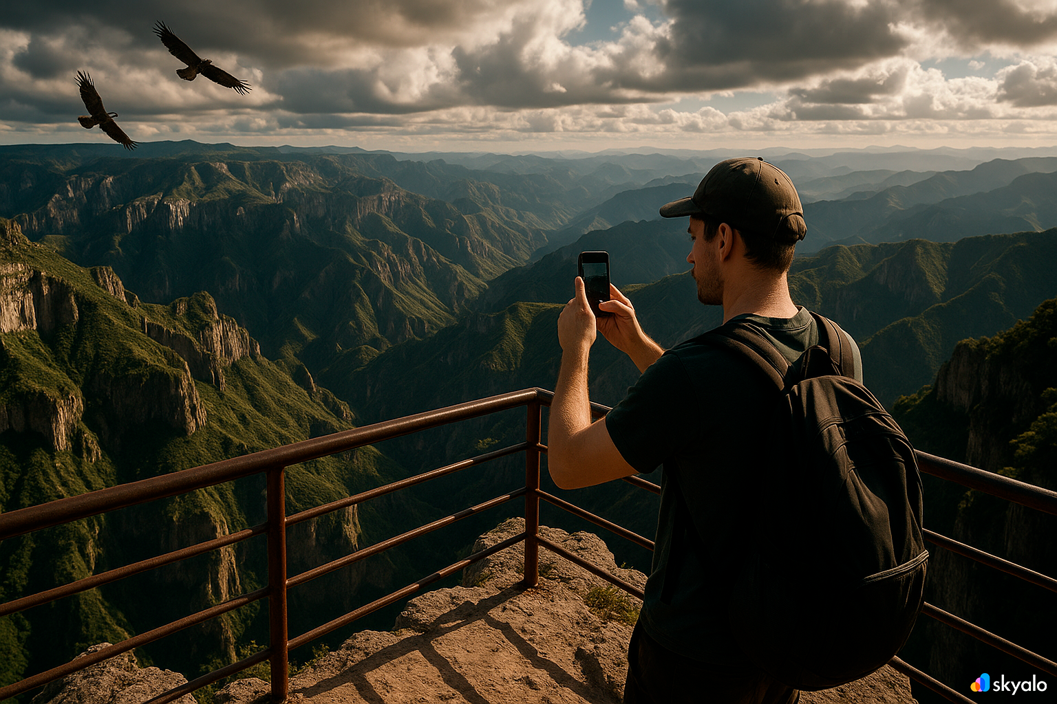 On the edge of Copper Canyon; traveler at a viewpoint capturing shots to post via eSIM