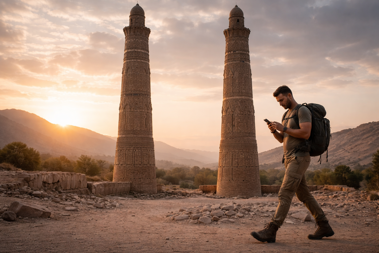 Ghazni Minarets and a traveler with a phone