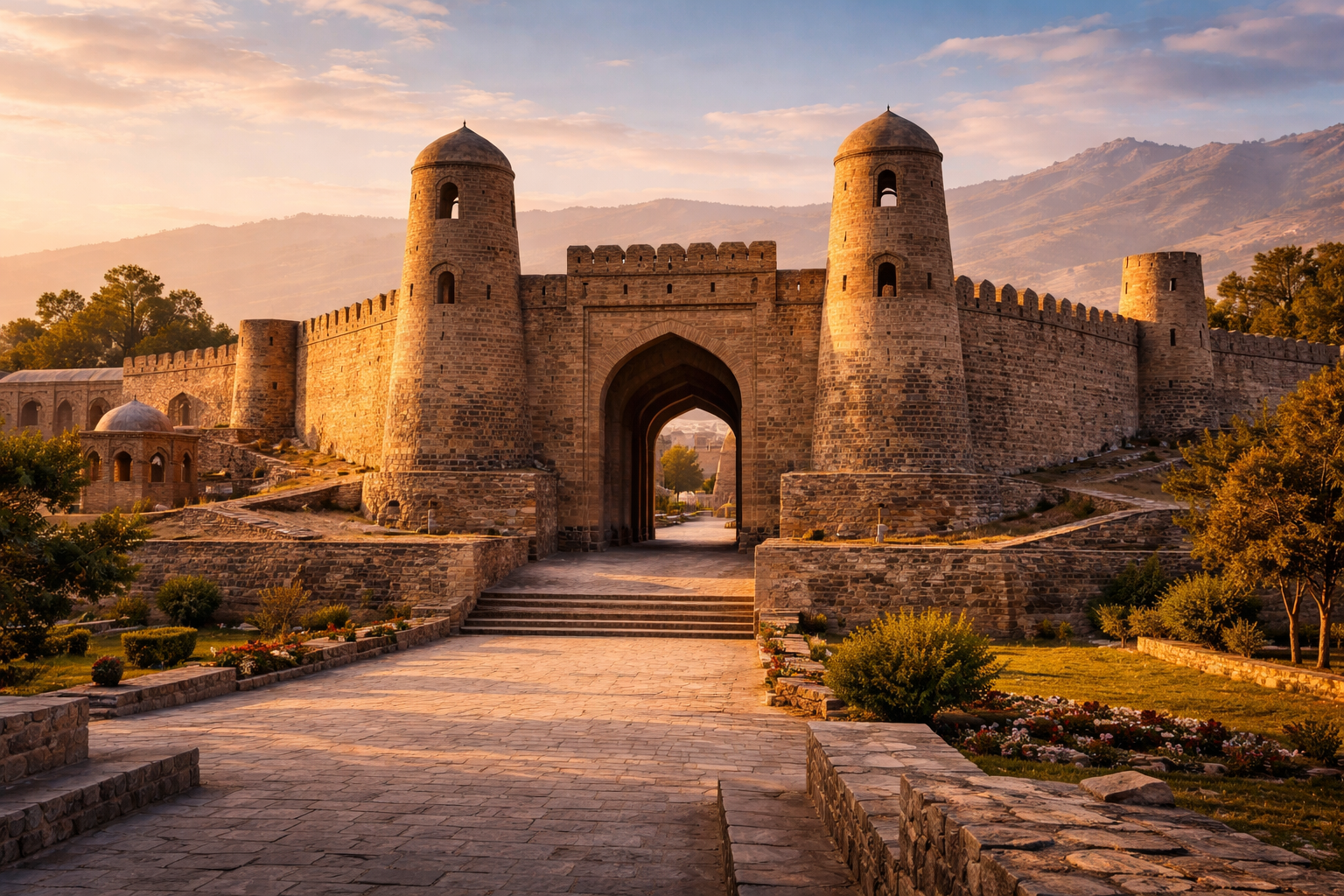 מצודת היסאר בטג'יקיסטן עם שערים עתיקים, חומות אבן, חצר פתוחה ואור ערב רך.