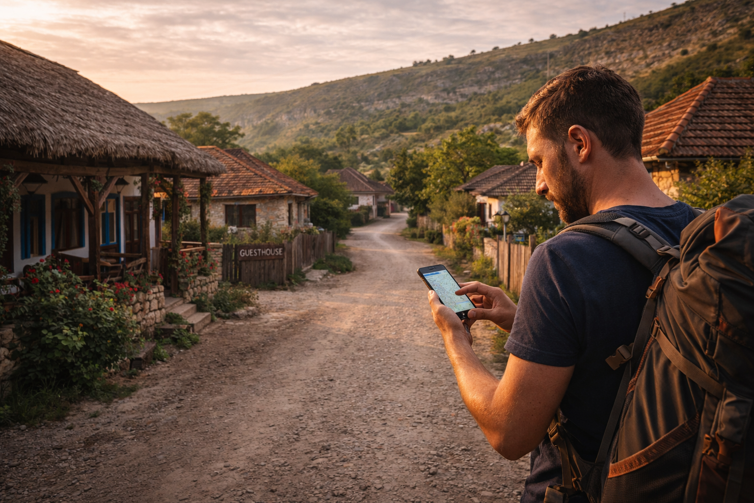 הכפר בוטוצ׳ני במולדובה עם בתים מסורתיים, גבעות ירוקות ומטייל שמשתמש ב-eSIM בסמארטפון לניווט.
