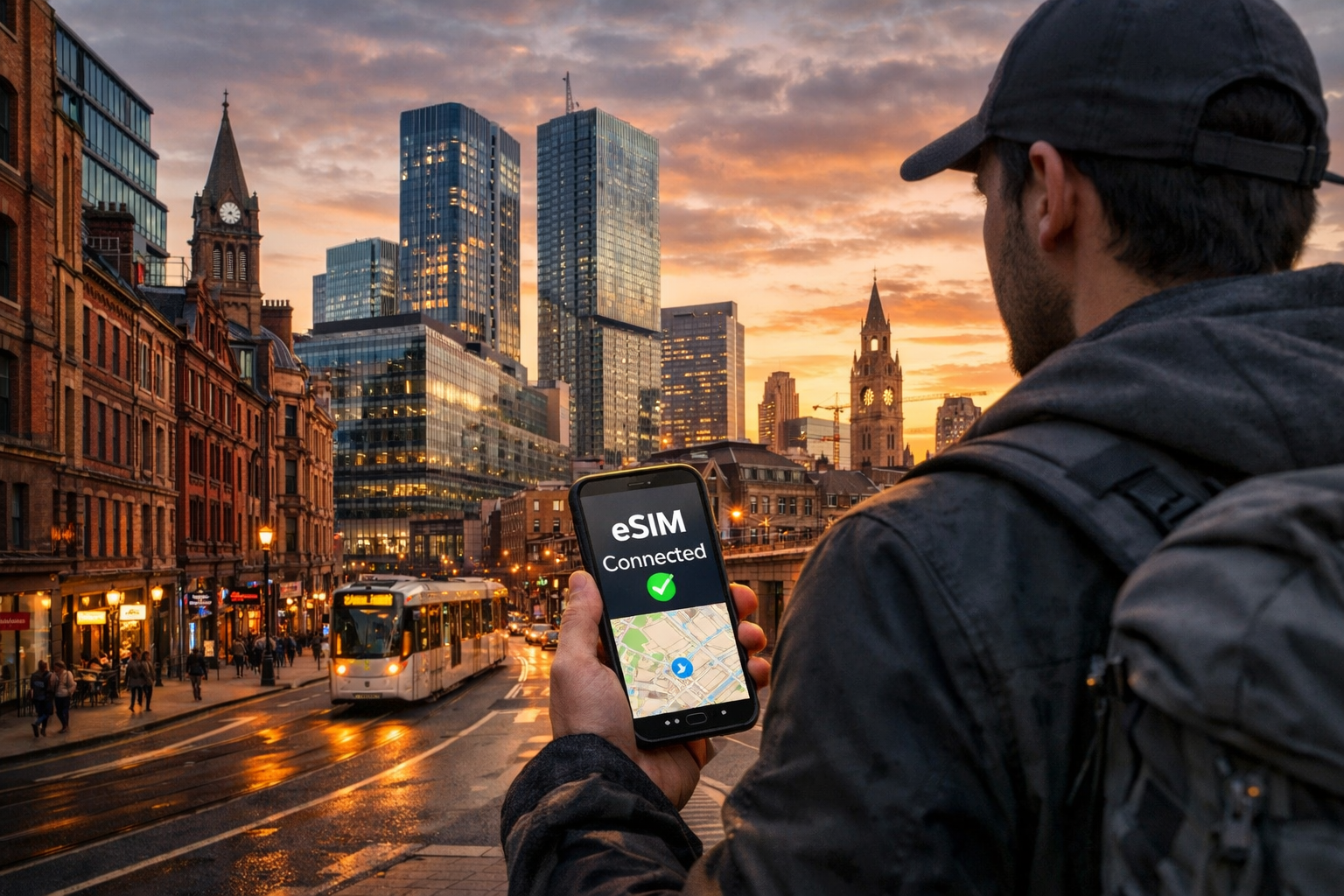 The city of Manchester and a tourist with a smartphone with an eSIM
