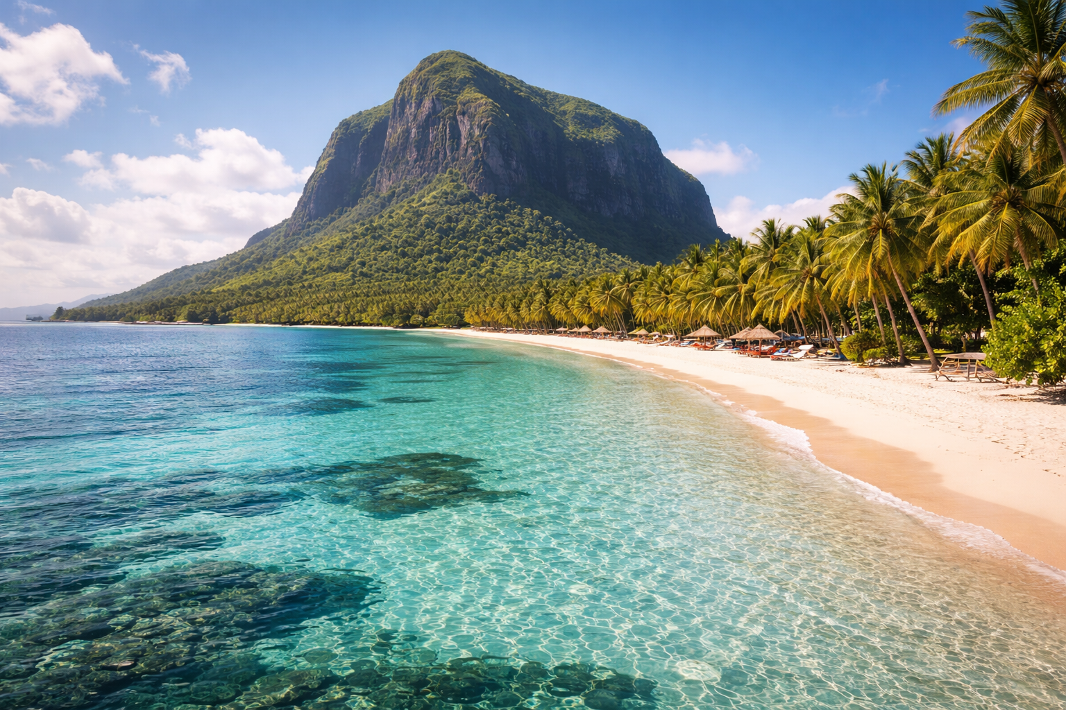 Le Morne Beach in Mauritius with a turquoise lagoon, white sand, and a majestic mountain in the background along the tropical coast