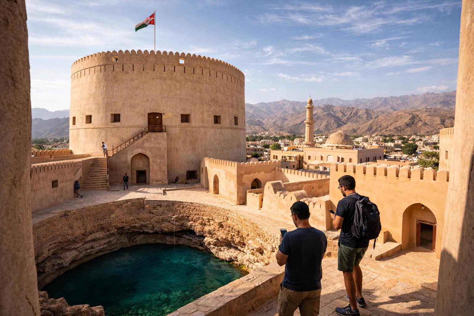 Ταξιδιώτες κοντά στο φρούριο της Νίζβα με smartphones και eSIM