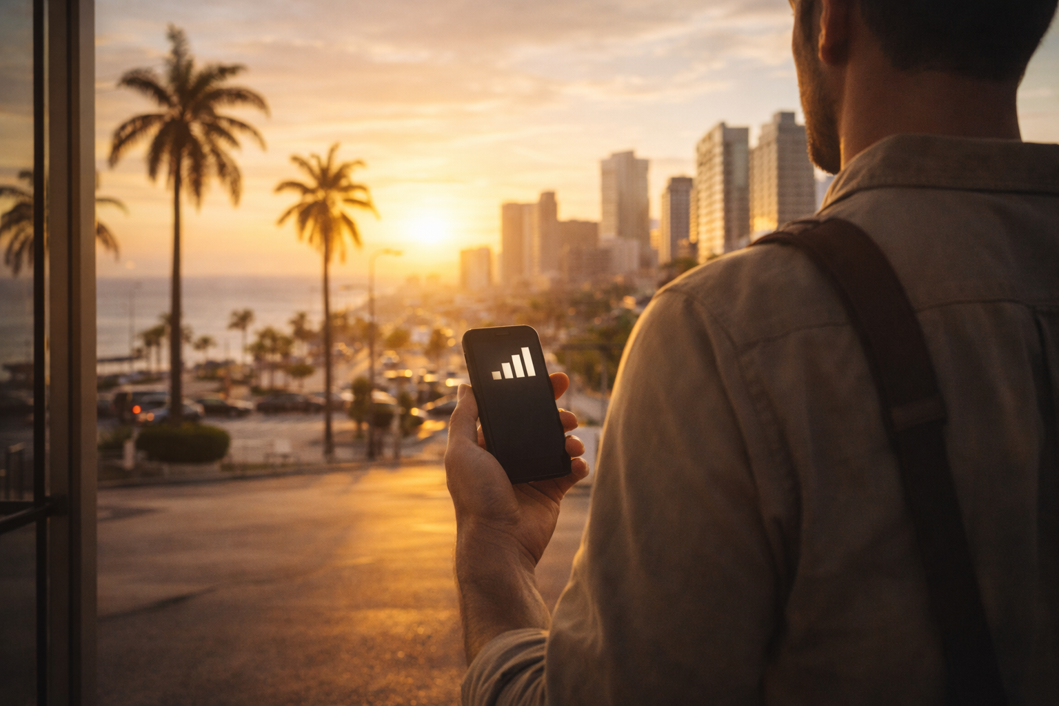 Traveler in Angola with an active mobile network on a smartphone