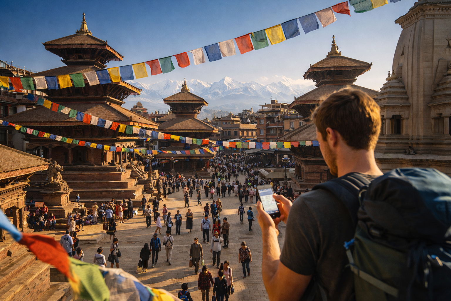 Un turista usa uno smartphone con eSIM per navigare nel centro storico di Kathmandu