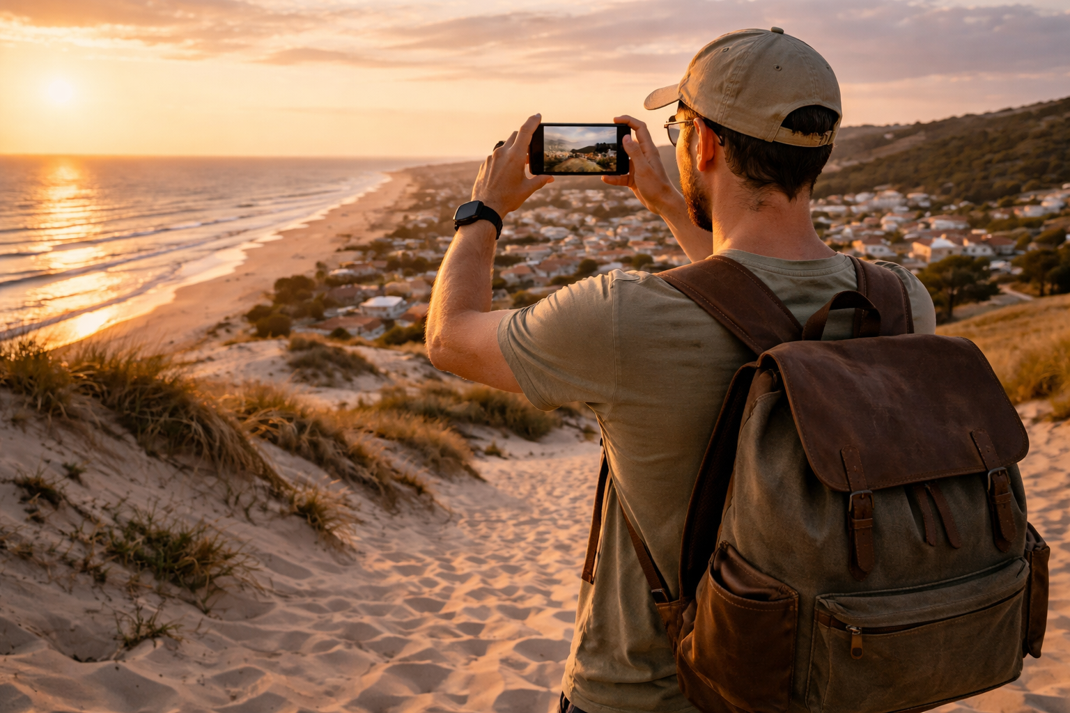 バリサスの砂丘、海、ウルグアイの集落、自然を背景にスマホとeSIMを使う旅行者