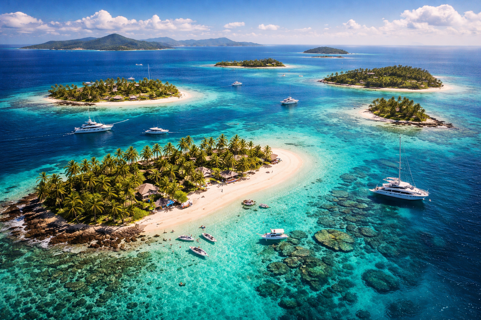 Ostrovy Mamanuca na Fidži s bílými plážemi, průzračnou tyrkysovou vodou, palmami a malebnými ostrovy v oceánu