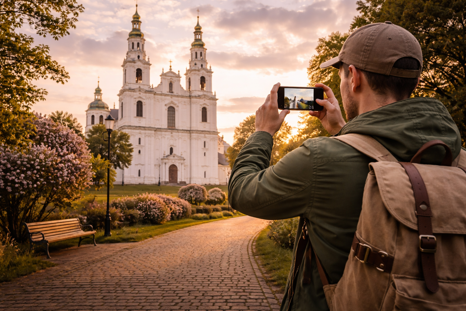 eSIMを使う旅行者とともに見るポラツクの古い街並みと大聖堂