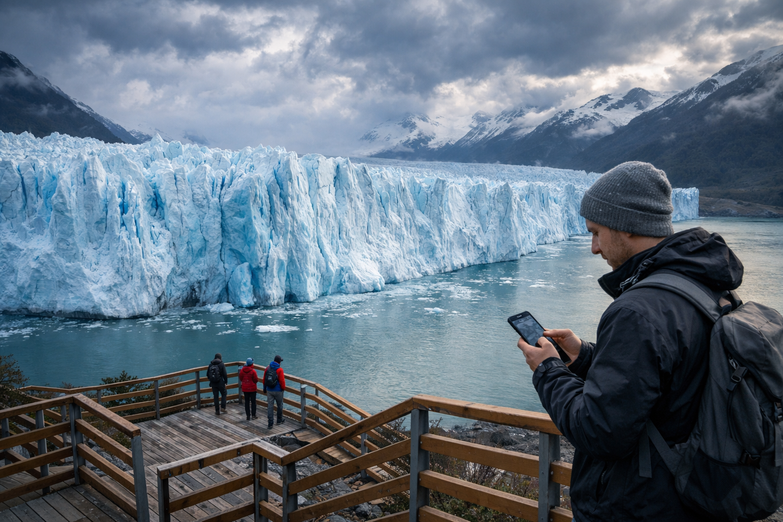 Perito Moreno Glacier in Patagonia with tourists on a viewing platform and a smartphone with an active eSIM