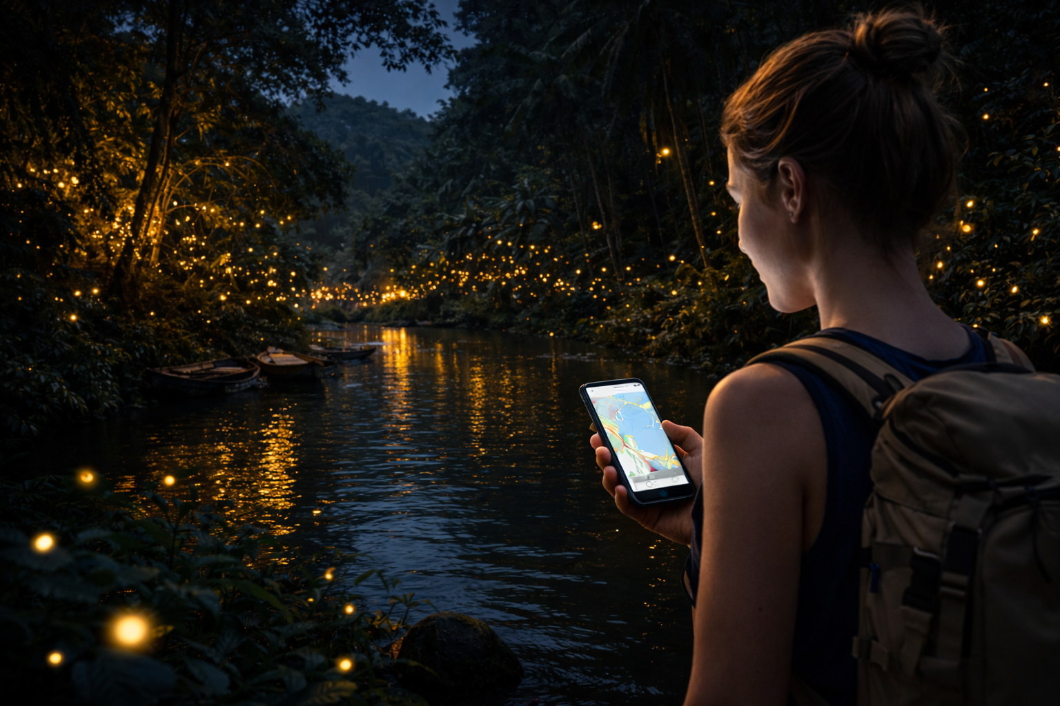 Ночной Селангор со светлячками, рекой и путешественником со смартфоном, использующим eSIM