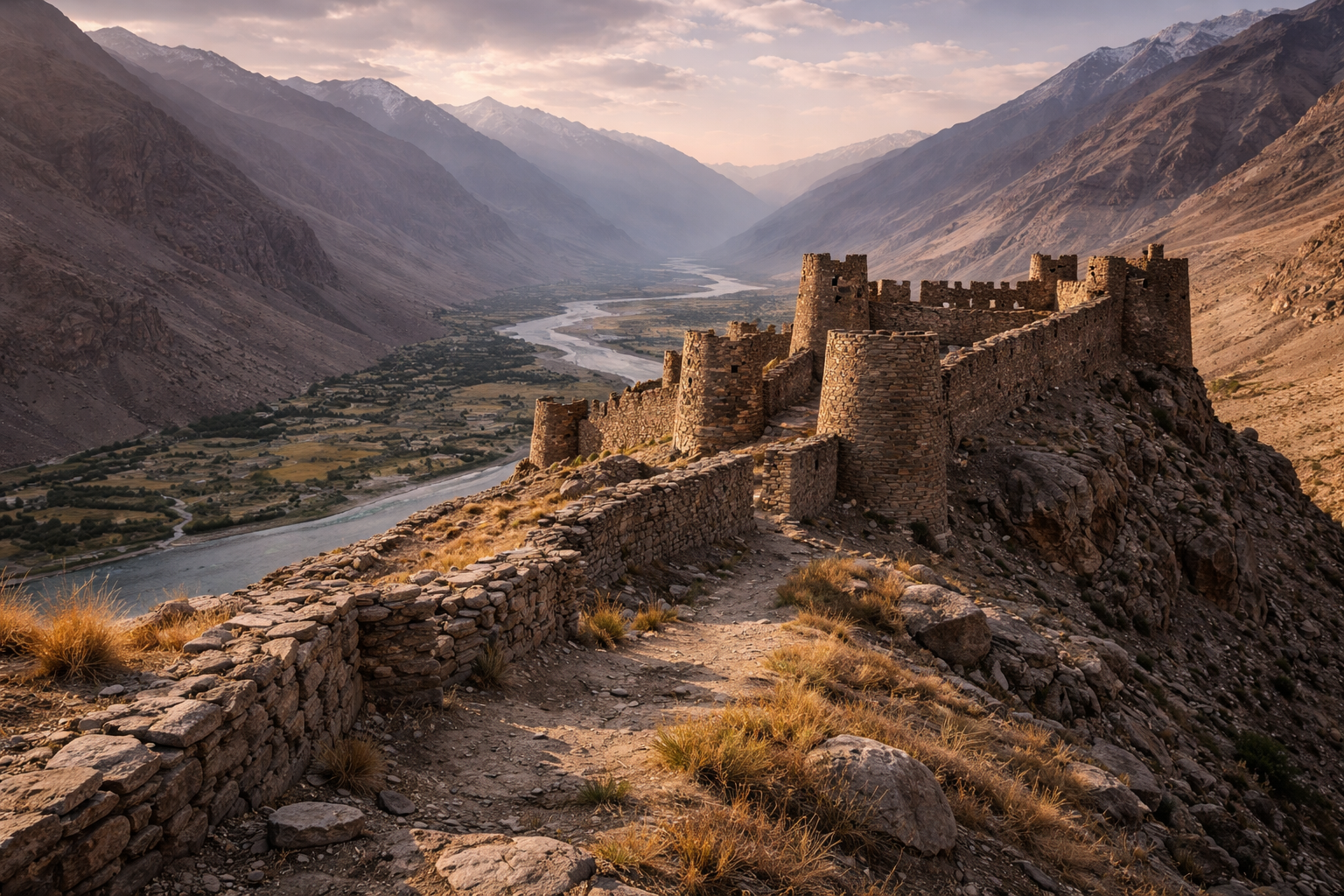 מצודת ימצ'ון בטג'יקיסטן על רכס הררי גבוה עם חומות עתיקות, עמק הוואחן הרחב ואור שמש חמים.