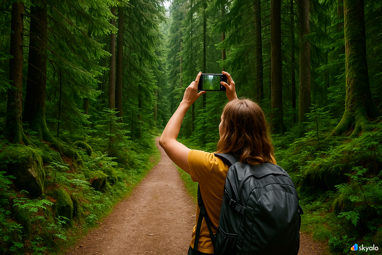Black Forest; a tourist filming a forest path with a phone camera