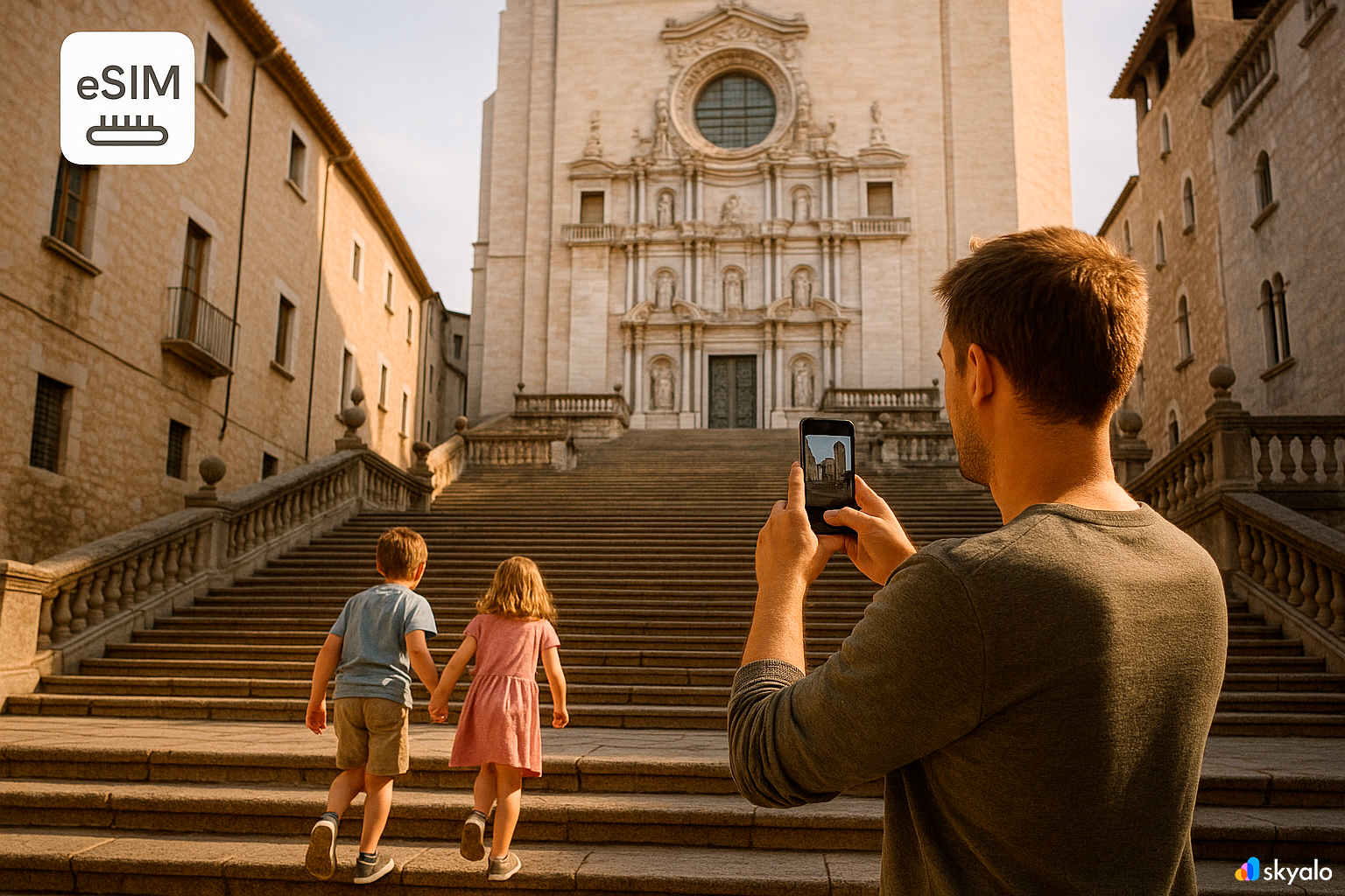 Steps leading to Girona Cathedral, morning light on stone walls, father walking with children, connected via eSIM