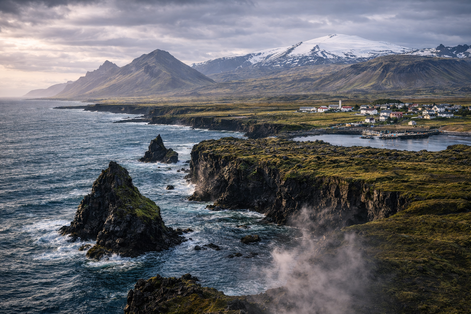 Snæfellsnes pussala Islandē ar piekrasti, kalniem, lavas laukiem, ciematu un ledāju pie horizonta